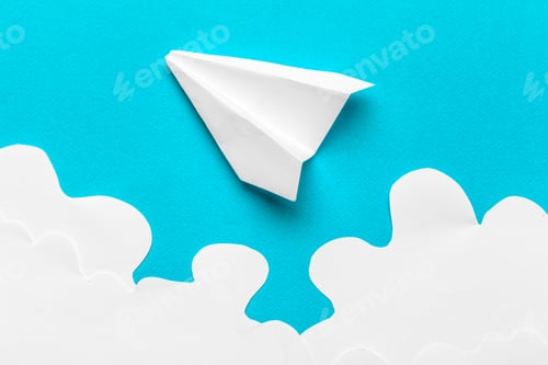 Preview: Flying paper plane in the clouds on a blue background. Concept of flight, travel, transfer
