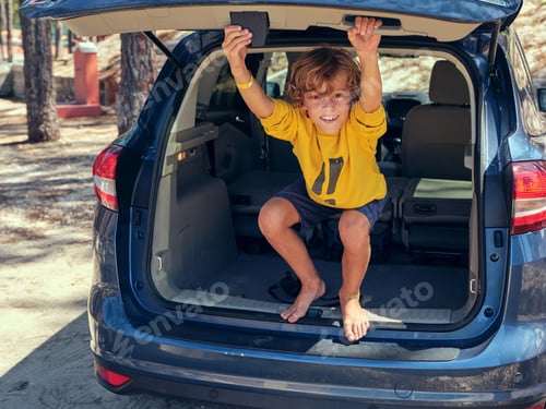 Preview: Smiling preteen boy playing in car