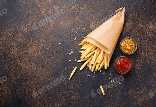 Preview: French fries in a paper bag with sauces