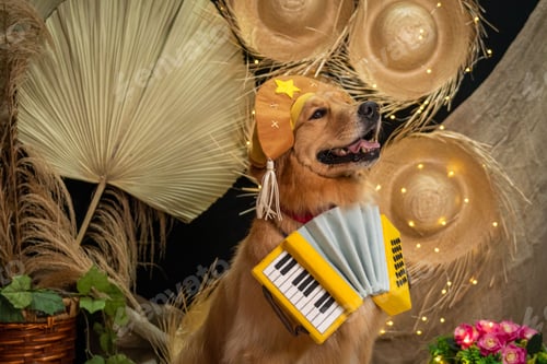Preview: the dog is sitting down with an accordion in his mouth