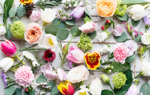 Preview: Various Fresh Flowers with Blank Design Space on Wooden Backgrou