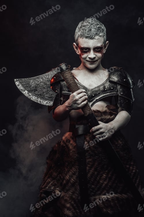Preview: Joyful military boy with axe and white skin posing in studio