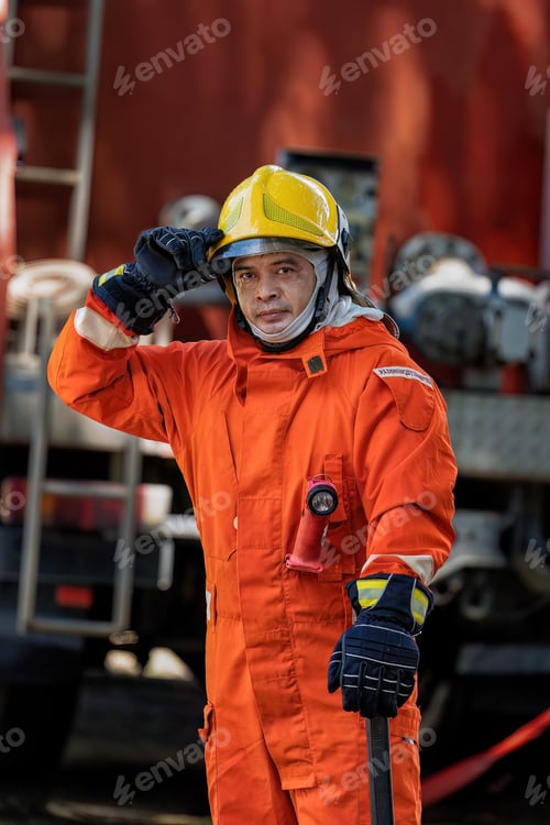 Preview: Fireman wearing fire protection suite and oxygen tank exercise hold axe thumb up stand portrait