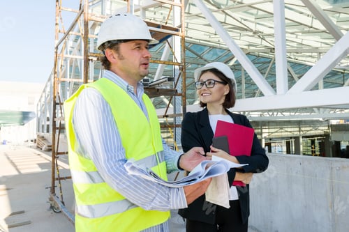 Preview: Construction, man and woman builders at construction site