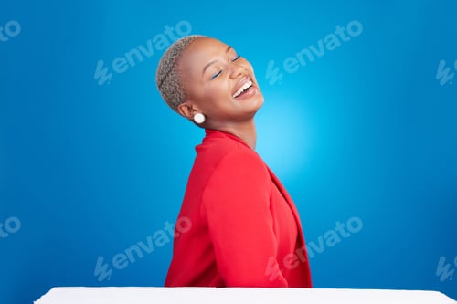 Preview: Cosmetics, laugh and young black woman in a studio with makeup, glamour and face routine. Happy, sm