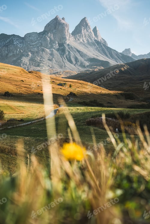 Preview: Aiguilles d Arves massif with iconic mountain peak in French Alps on autumn
