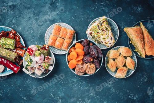 Preview: Middle Eastern sweets on dark background. Arab dessert, baklava, halva, rahat lokum, sherbet, nuts