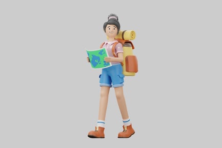 Preview: Cartoon hiker with map and backpack