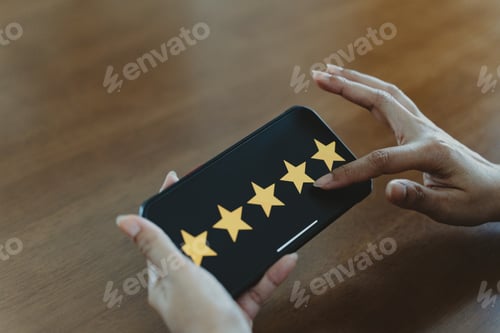 Preview: Customer review good rating concept hand pressing smile face icon and five star on visual screen for