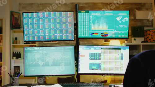 Preview: Zoom out of home office with monitors for stock market
