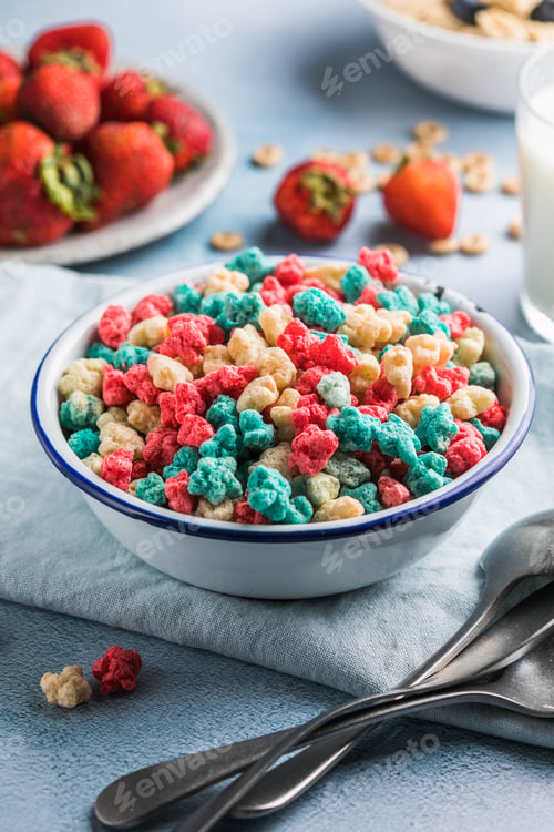 Preview: colorful grain cereal fresh fruit on a blue table