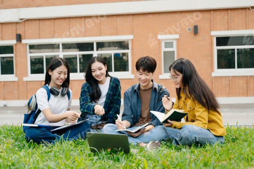 Preview: Young Asian People college students and a female student group work at the campus park in morning