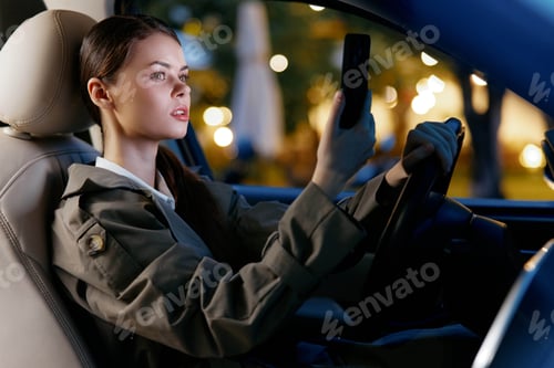 Preview: Woman sitting in driver's seat of car, holding cell phone to her face and looking in rear view