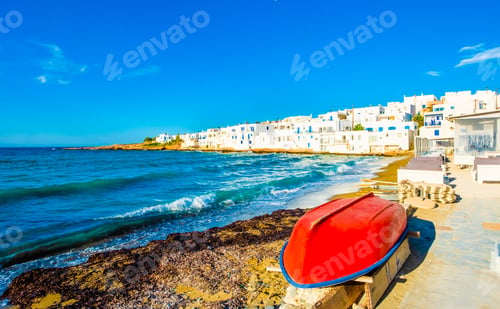Preview: Sunshine view of stony turquoise bay of greek island Paros