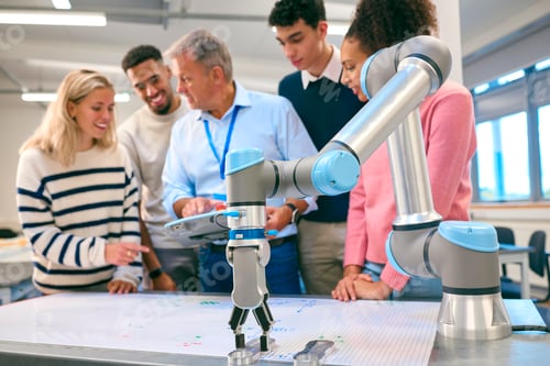 Preview: Group Of College Or University Engineering Students In Robotics Class With Male Teacher