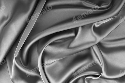 Preview: Crumpled, Wrinkled Gray Colored Glossy Silk Satin Texture. Shiny Fabric Cloth With Wave Folds