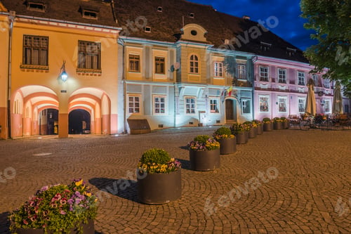 Preview: Sighisoara at night in the historic centre of the 12th century Saxon town, Transylvania, Romania