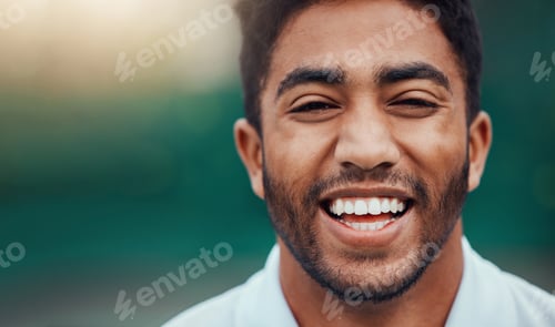 Preview: Portrait headshot of smiling indian tennis player on court with copyspace. Happy fit ethnic sports