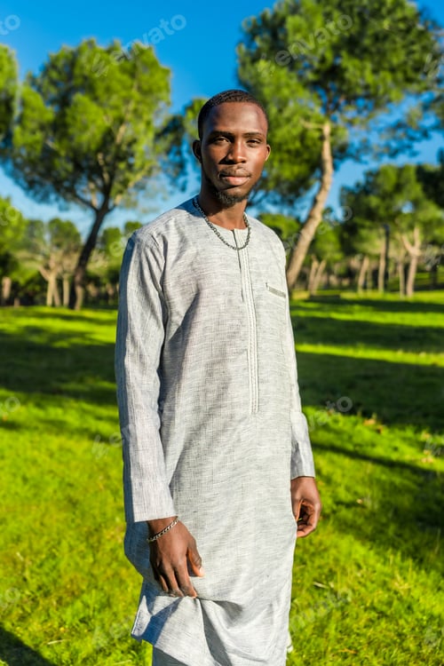 Preview: Senegalese man wearing traditional dashiki in green park