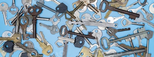 Preview: Keys set on blue background. Door lock keys and safes for property security and house protection