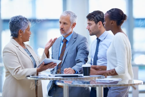 Preview: A mature businesswoman with a tablet explaining something to her colleagues in a meeting