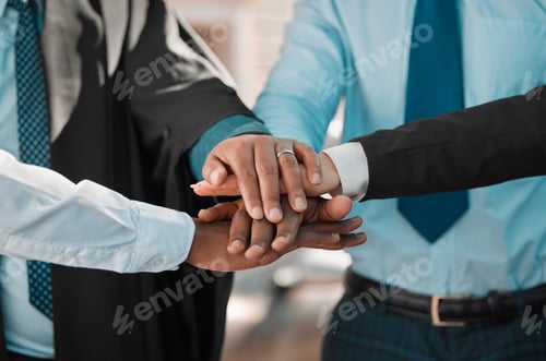 Preview: Shot of a group of unrecognizable businesspeople stacking their hands in the city