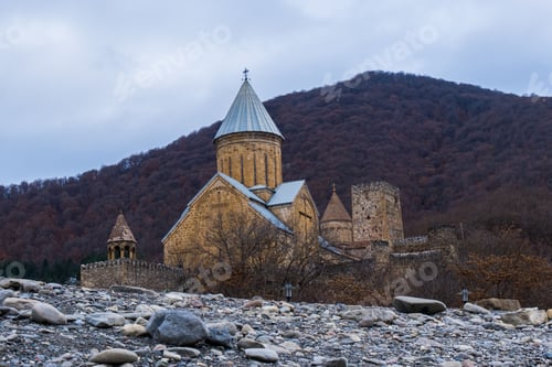 Preview: Ananuri castle complex under a cloudy sky in Georgia.
