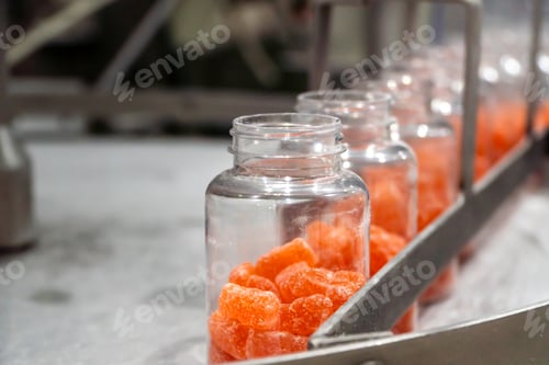 Preview: Vitamins supplements with gummy shape on the conveyor belt of the manufacturing industrial facility