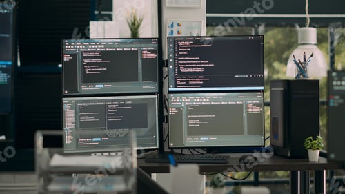 Preview: Empty office desk with multiple screens running software developing script