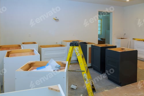 Preview: Kitchen cabinets installation Blind corner cabinet, island drawers and counter installed