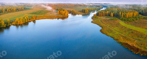 Preview: Sunset aerial atmospheric view on river in Ural Russia. Drone photography