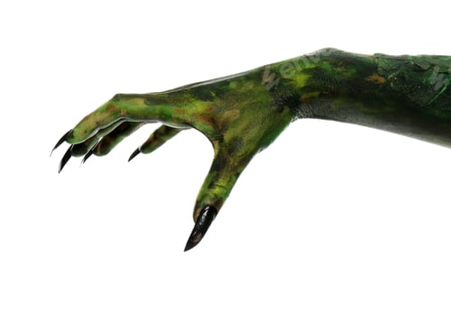 Preview: Scary monster on white background, closeup of hand. Halloween character