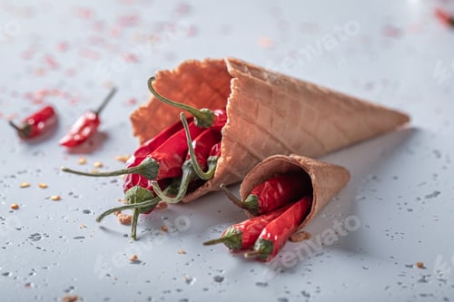 Preview: Chilli peppers in ice cream cone. Spicy ice cream concept.