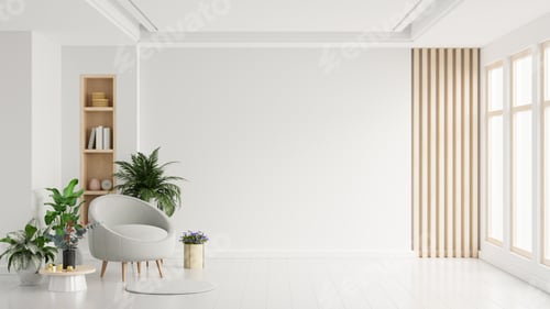 Preview: Modern minimalist interior with an armchair on empty white color wall background
