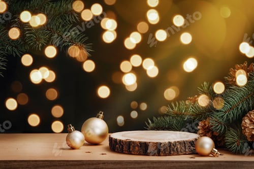 Preview: Christmas background with wooden pedestal and golden baubles