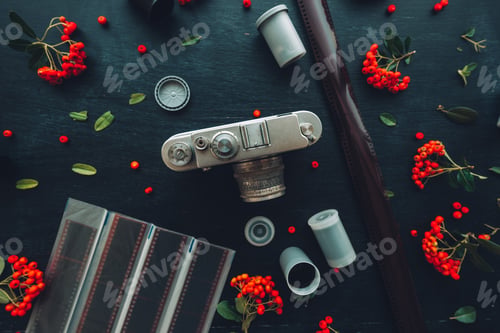 Preview: Flat lay hipster style old vintage photography camera