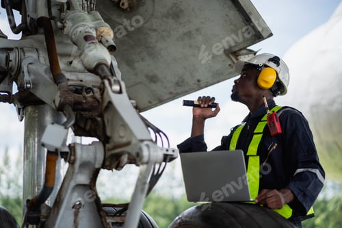 Preview: Engineer inspecting airplane engine with safety tools.