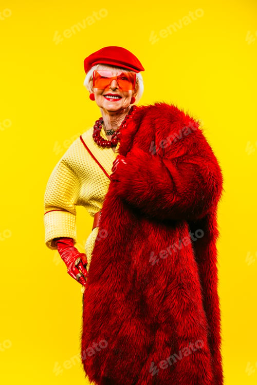 Preview: Cool and stylish senior old woman with fashionable clothes