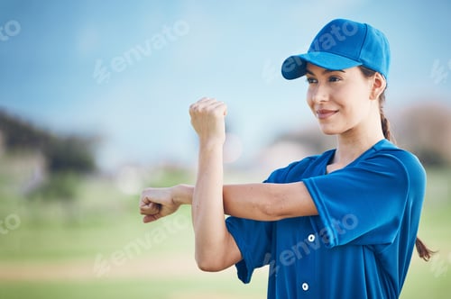 Preview: Baseball, fitness and woman stretching, game and training in uniform, exercise and health. Person,
