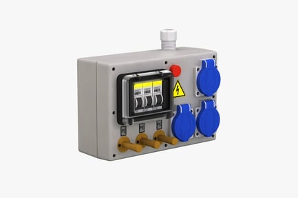 Preview: Electrical control panel with knobs, buttons, and warning sign