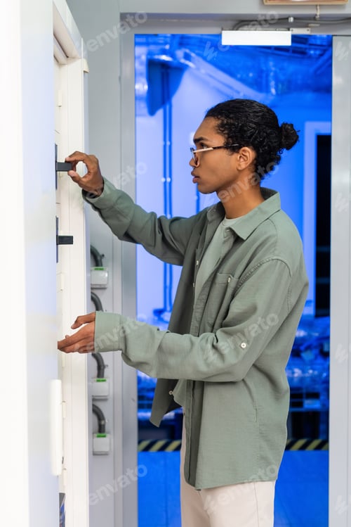 Preview: side view of african american technician making maintenance of switchboard in data center