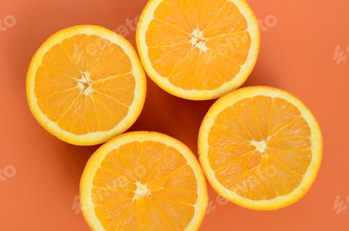Preview: Top view of a several orange fruit slices on bright background in orange color