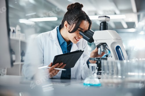Preview: Scientist, woman and microscope with tablet in lab for experiment research, medical data and scienc