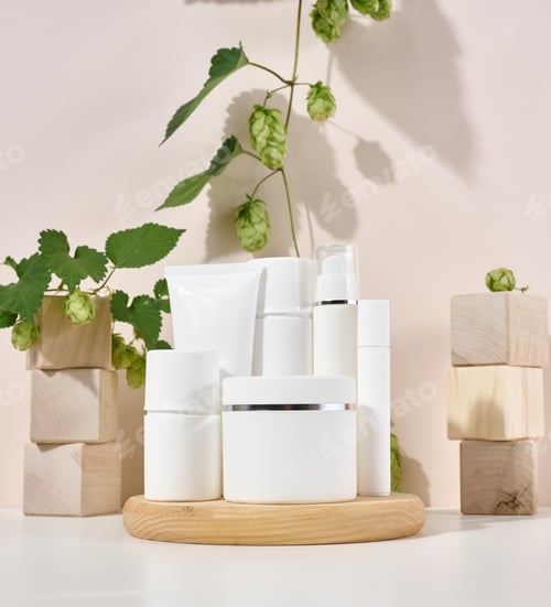 Preview: White plastic container tube, a jar with a lid for cosmetics on a beige background