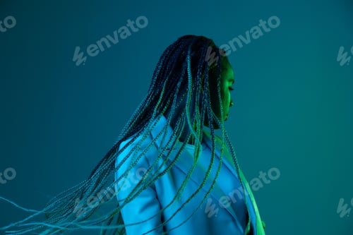 Preview: African american woman portrait business smile and fashion wearing glasses on blue background in