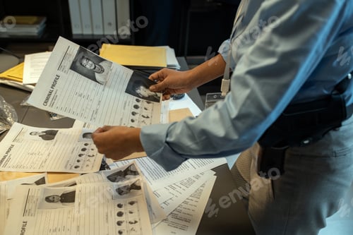 Preview: Young contemporary investigator holding criminal profile of gang leader