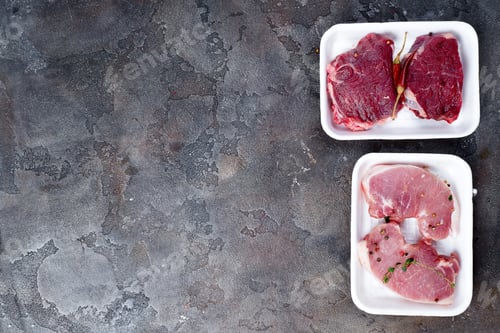 Preview: Supermarket packaged porterhouse Lamb meat steaks in styrofoam packaging tray
