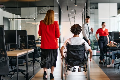 Preview: A business leader with her colleague, an African-American businessman who is a disabled person, pass