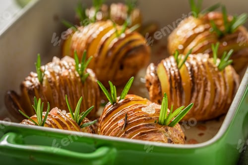 Preview: Tasty baked potatoes with salt and rosemary. Scandinavian cuisine.