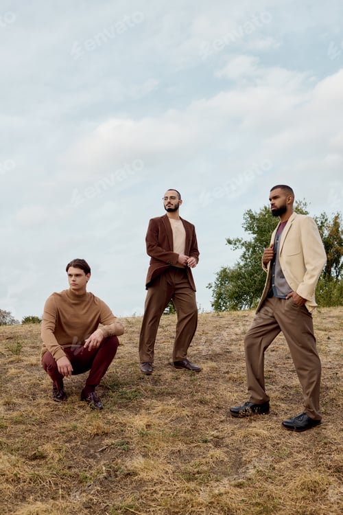 Preview: Stylish male models posing in an autumn field, showcasing trendy outfits in a natural setting